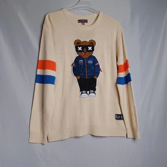 Black Pike Nasa Bear Sweater Mens XL Beige Knit Long Sleeve Blokecore Striped - Picture 3 of 9